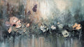 Obraz abstrakcyjny „Ogród niedopowiedzeń” 180 × 100 cm – nowoczesne malarstwo kwiatowe z wyrazistą fakturą farby w odcieniach szarości, błękitu, beżu i pudrowego różu, na ścianie przytulnego salonu.