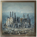 Nowoczesna, malarsko uchwycona panorama Dubaju w chłodnych, stonowanych barwach, oprawiona w elegancką ramę,